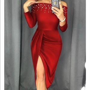 ELEGANT RED MID SLIT MID CALF PEARL EMBELLISHED